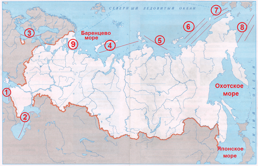 Карта России с морями и озерами.